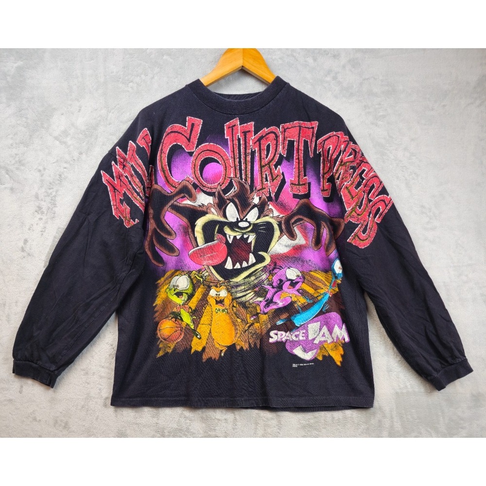 Vintage Space Jam 1996 All Over Print T-Shirt Warner Bro Long Sleeve Sz XL Black